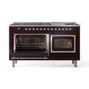 Burgundy dual fuel range with both ovens open, showing interior racks and broiler area