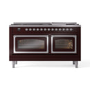 Burgundy dual fuel gas range with two glass ovens and chrome control knobs.