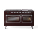 Burgundy dual fuel range with two oven doors closed and chrome trim, three-quarter view