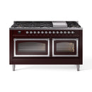 Burgundy dual fuel gas range with chrome trim, dual ovens, and control knobs.