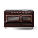Burgundy dual fuel range with two glass oven doors and copper handle trim