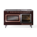 Burgundy dual fuel range with right oven door open and copper-trim interior