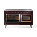 Burgundy dual fuel range with left oven door open and right door closed