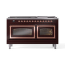 Burgundy dual-fuel gas range with two glass oven doors framed in copper trim