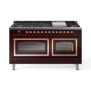 Burgundy dual-fuel gas range with cooktop burners and two open ovens with copper trim