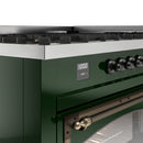 Emerald green control panel and bronze oven handle with lit digital display