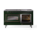 Emerald green dual fuel range with right oven door open and bronze-trim control knobs