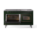 Emerald green dual fuel range with both oven doors open and burner controls above