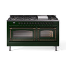 Emerald green dual fuel range with cooktop grates and two closed oven doors