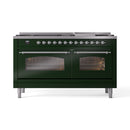 ILVE 60-Inch Nostalgie II  Propane Gas Dual Fuel Range  with 9 Burners, Griddle and Triple Glass Door Oven in Emerald Green with Chrome Trim (UP60FNMPEGC)