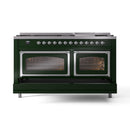 Emerald green dual fuel range with double oven doors and chrome trim, front view