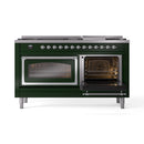 Emerald green dual fuel range with left oven closed and right oven door open