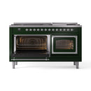 Emerald green range with both oven doors open, chrome trim and visible racks