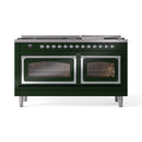 Emerald green dual fuel range with double oven doors closed and chrome trim
