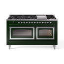 Emerald green dual fuel range with chrome-trimmed double ovens and black burner grates