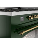 ILVE 60-Inch Nostalgie II Dual Fuel Range with 9 Burners, Griddle and Triple Glass Door Oven in Emerald Green with Brass Trim (UP60FNMPEGG)