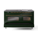 ILVE 60-Inch Nostalgie II  Propane Gas Dual Fuel Range  with 9 Burners, Griddle and Triple Glass Door Oven in Emerald Green with Brass Trim (UP60FNMPEGG)