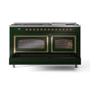 Emerald green dual fuel range with brass knobs and two glass-front ovens