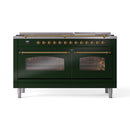 ILVE 60-Inch Nostalgie II Dual Fuel Range with 9 Burners, Griddle and Triple Glass Door Oven in Emerald Green with Brass Trim (UP60FNMPEGG)