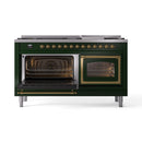 Emerald green range with brass trim, both ovens open showing interior racks