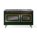 Emerald green dual-fuel range with brass trim, two closed oven windows, and control row