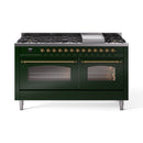 ILVE 60-Inch Nostalgie II Dual Fuel Range with 9 Burners, Griddle and Triple Glass Door Oven in Emerald Green with Brass Trim (UP60FNMPEGG)