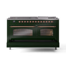 ILVE 60-Inch Nostalgie II Dual Fuel Range with 9 Burners, Griddle and Triple Glass Door Oven in Emerald Green with Copper Trim (UP60FNMPEGP)