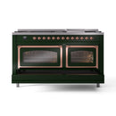 Emerald green range with two closed oven doors and copper-trim handles