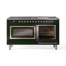 Emerald green range with left oven closed and right oven open, copper-trim door frame