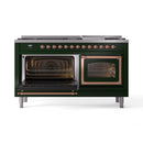 Emerald green range with both ovens open, copper-trim door frames