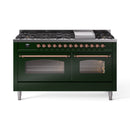 ILVE 60-Inch Nostalgie II  Propane Gas Dual Fuel Range  with 9 Burners, Griddle and Triple Glass Door Oven in Emerald Green with Copper Trim (UP60FNMPEGP)