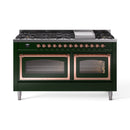 Emerald green dual-fuel range with copper-trim knobs and four gas burners