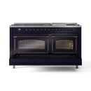 Midnight blue dual-fuel range with two closed oven doors and bronze trim