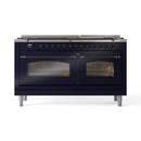 ILVE Nostalgie II 60 inch Propane Gas Range with 10 Sealed Burners, Griddle with Triple Glass Door in Midnight Blue with Burnished Trim
