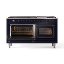 Midnight blue dual-fuel range with both oven doors open and glowing oven burners