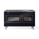 Midnight blue dual-fuel range with two closed oven doors and bronze handles