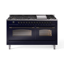 ILVE Nostalgie II 60 inch Propane Gas Range with 10 Sealed Burners, Griddle with Triple Glass Door in Midnight Blue with Burnished Trim