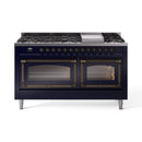 Midnight blue dual-fuel range with cooktop burners and two oven doors