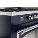 Midnight blue oven door with chrome handle and digital display