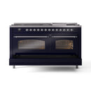 ILVE 60-Inch Nostalgie II Dual Fuel Range with 9 Burners, Griddle and Triple Glass Door Oven in Midnight Blue with Chrome Trim (UP60FNMPMBC)
