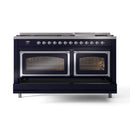 Midnight blue dual fuel range with two oven doors closed and chrome trim