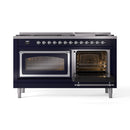 Midnight blue dual fuel range with oven door open showing racks inside
