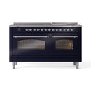 ILVE 60-Inch Nostalgie II  Propane Gas Dual Fuel Range  with 9 Burners, Griddle and Triple Glass Door Oven in Midnight Blue with Chrome Trim (UP60FNMPMBC)