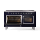 Midnight blue dual fuel range with both ovens open and illuminated heating elements