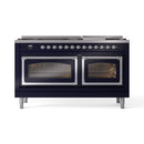 Midnight blue dual fuel range with two oven doors and chrome side trim