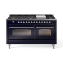 ILVE 60-Inch Nostalgie II  Propane Gas Dual Fuel Range  with 9 Burners, Griddle and Triple Glass Door Oven in Midnight Blue with Chrome Trim (UP60FNMPMBC)
