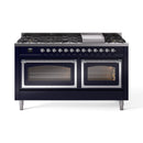 Midnight blue dual fuel range with chrome control knobs and four top burners