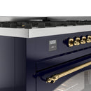 ILVE 60-Inch Nostalgie II  Propane Gas Dual Fuel Range  with 9 Burners, Griddle and Triple Glass Door Oven in Midnight Blue with Brass Trim (UP60FNMPMBG)