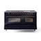 ILVE 60-Inch Nostalgie II  Propane Gas Dual Fuel Range  with 9 Burners, Griddle and Triple Glass Door Oven in Midnight Blue with Brass Trim (UP60FNMPMBG)