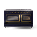 Midnight blue dual fuel range with two open ovens and brass trim on doors
